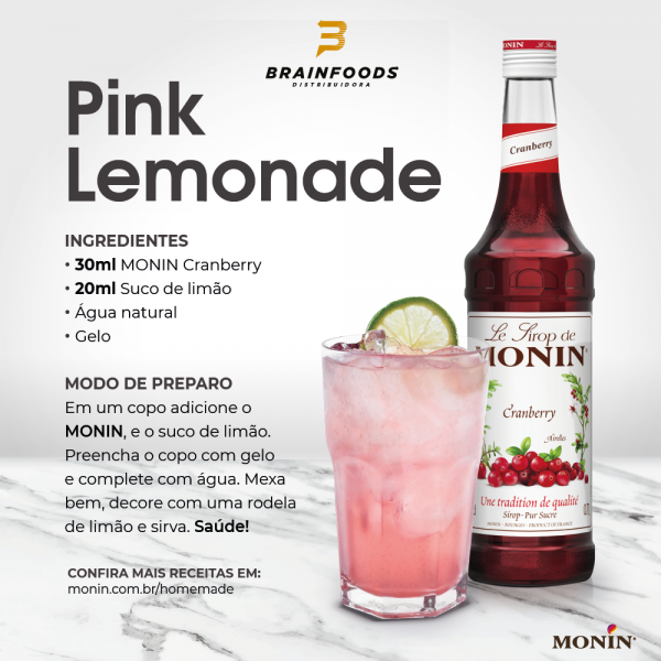 O xarope de cranberry é usado para fazer o famoso drink Pink Lemonade